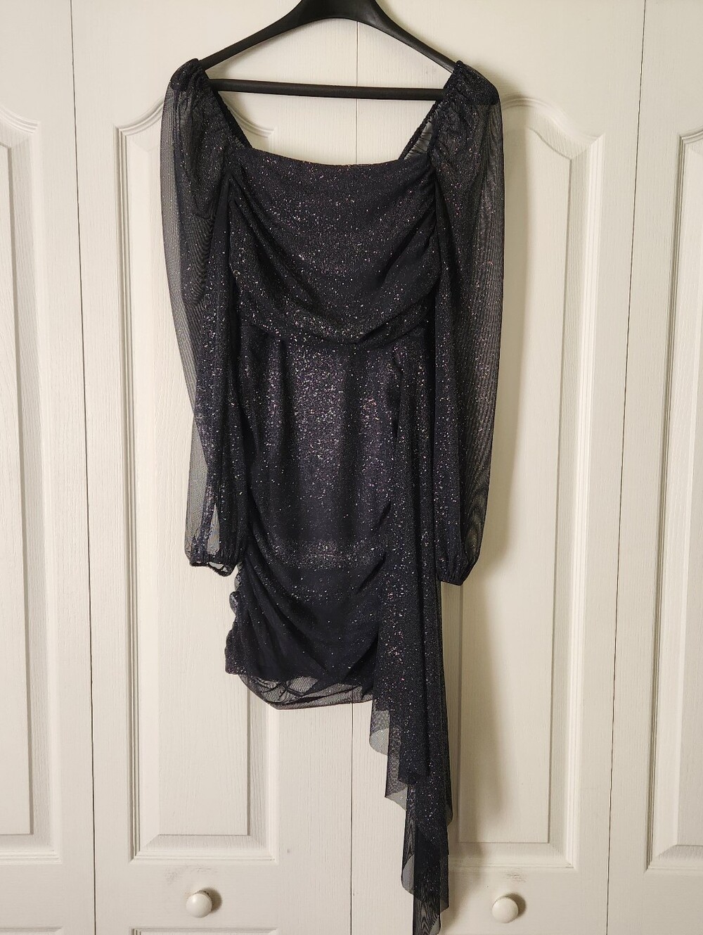 Pear Culture Silver Sparkle Navy Blue mini Fit Asymmetric Party Dress Hoco Sz S
